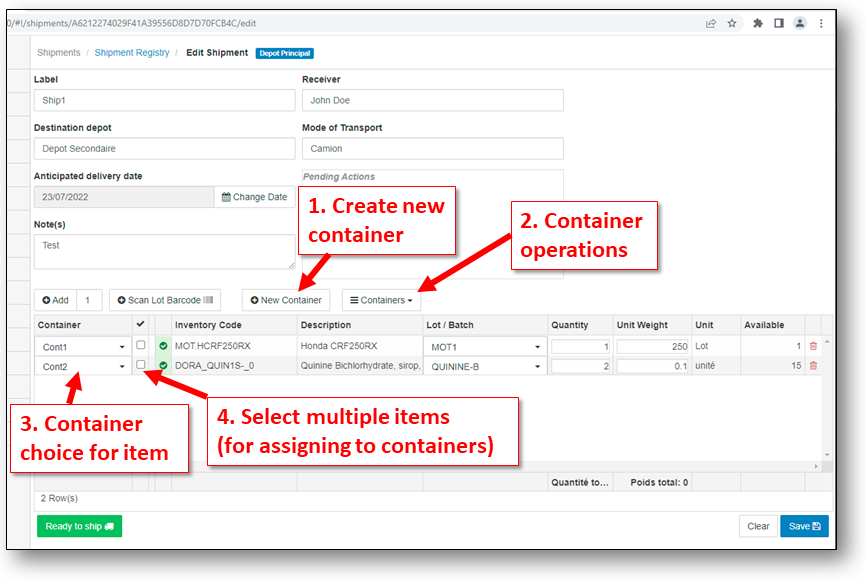 Create a shipment with containers